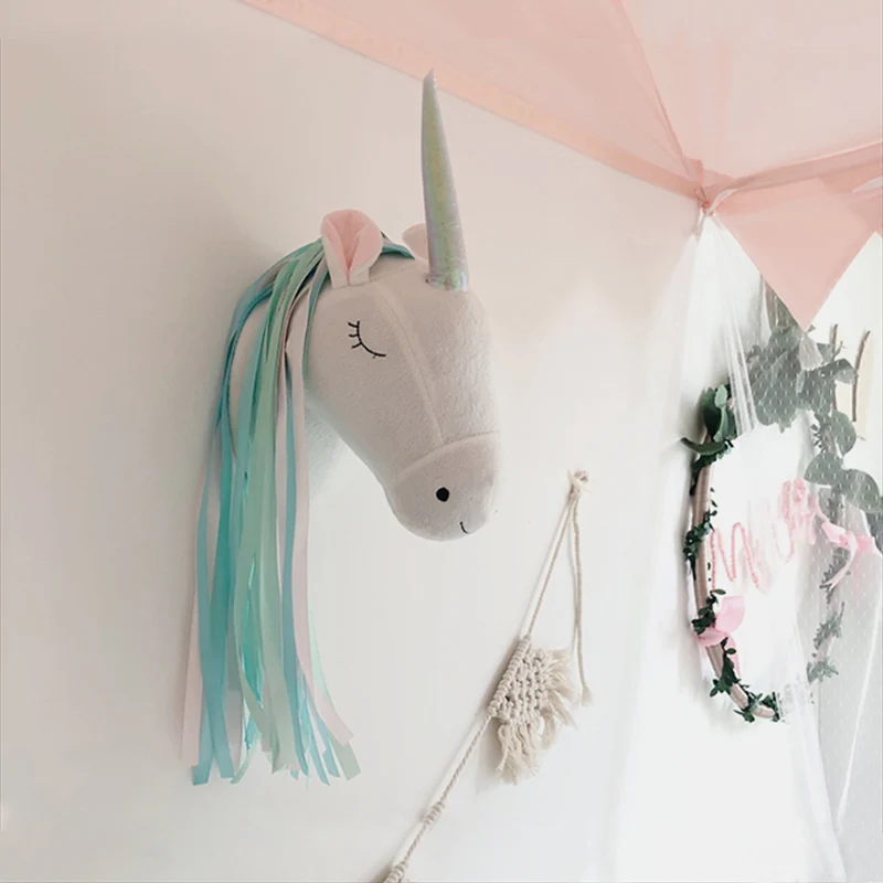 Baby Nursery Hanging Decor - Pluszowa Głowa Jednorożca - Ozdoba Ścienna