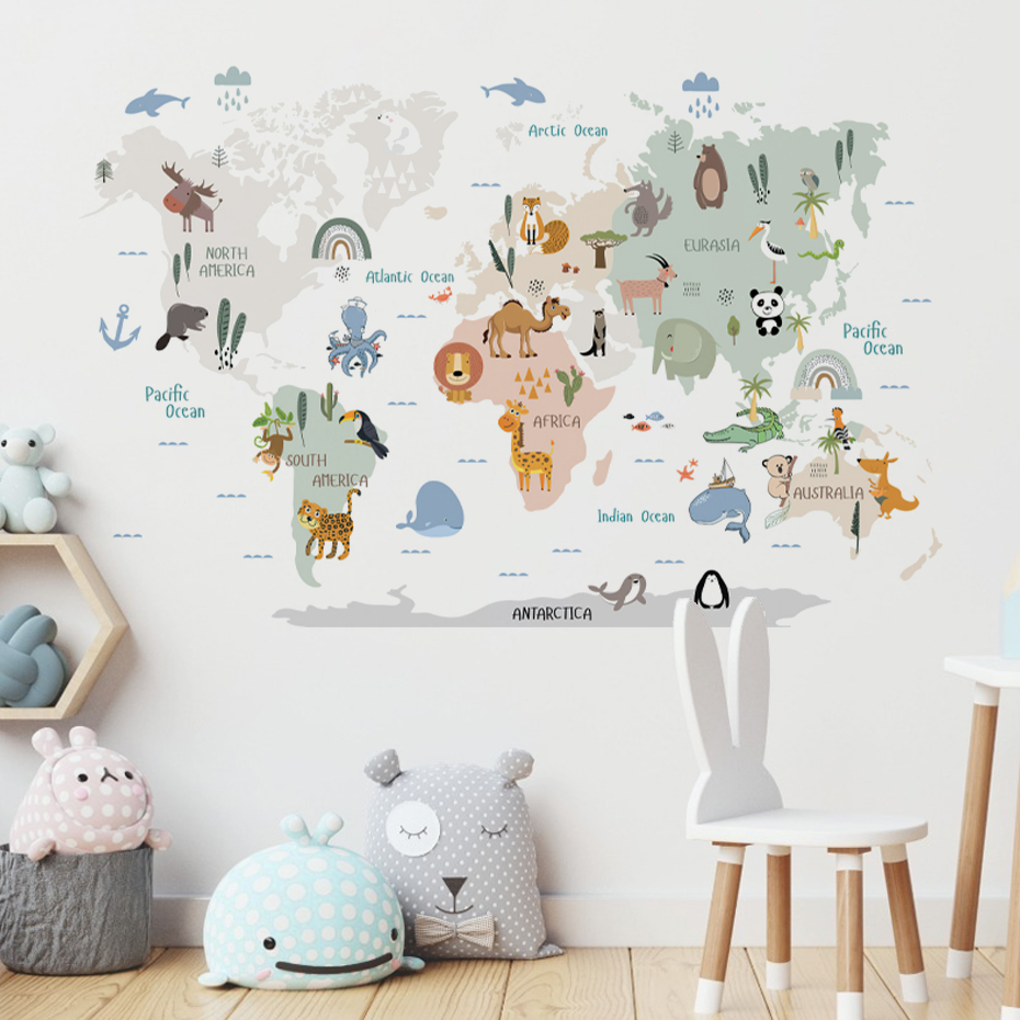 Baby Nursery Vinyl Wall Stickers - Akwarela Cartoon mapa świata naklejki ścienne